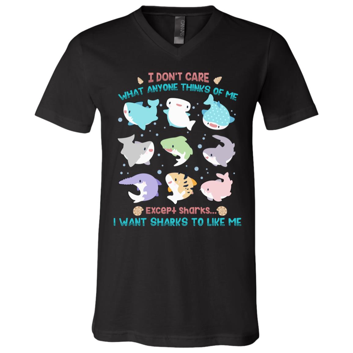 I Don't Care What Anyone Thinks Of Me Except Sharks T-Shirt - V-Neck Shirt - Funny Shark Lover Gifts, Black, V-Neck T-Shirt