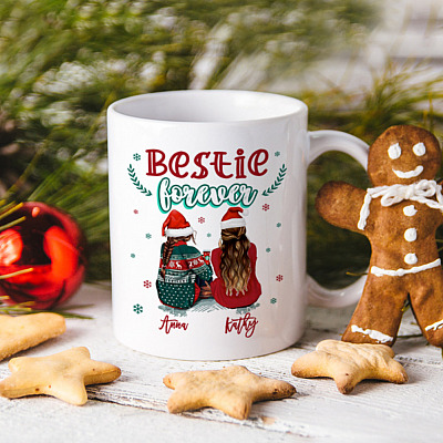 Personalized Bestie Forever Christmas Holiday Ceramic Coffee Mug - Beer Stein - Water Bottle