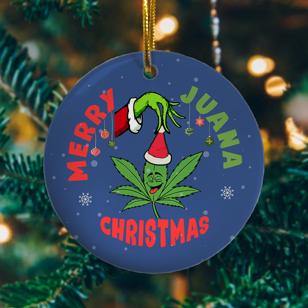 Funny Marijuana Leaf Christmas Tree Merry Juana Circle Ornament - Funny 2020 Christmas Quarantine Ornament Mockup