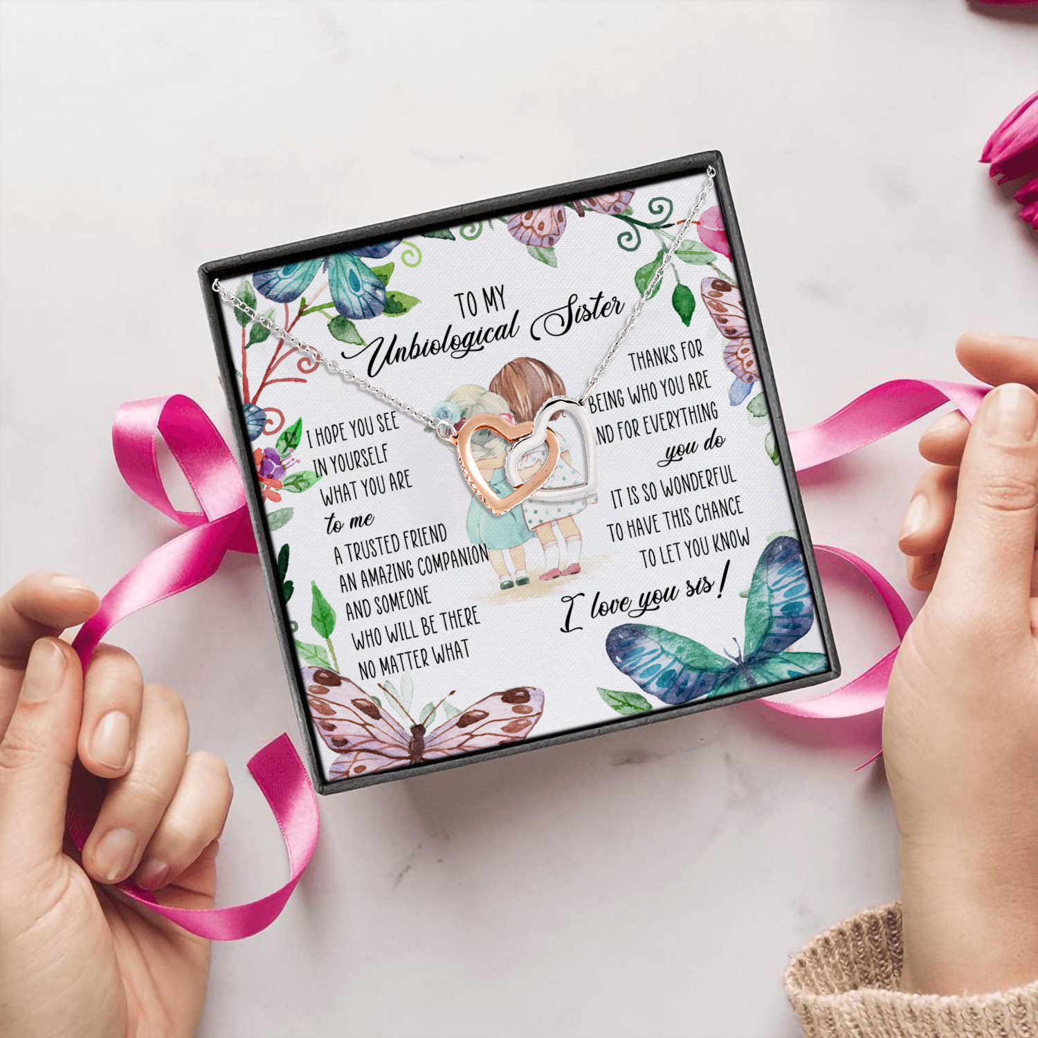 1N.To My Unbiological Sister Interlocking Hearts Necklace 5