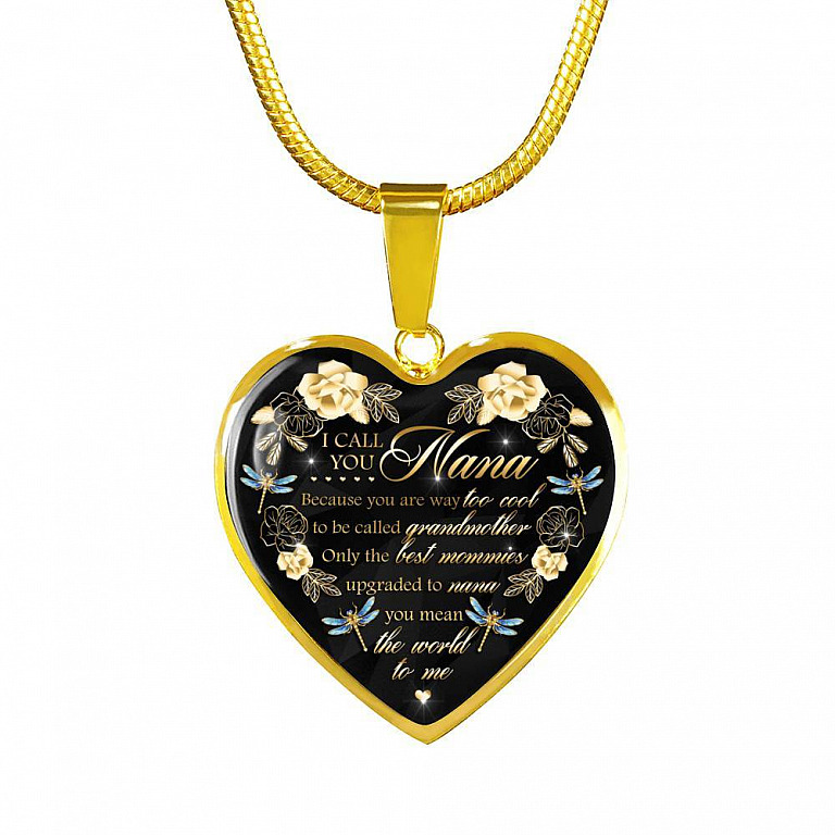 Dragonfly I Call You Nana Because You Are Way Too Cool To Be Called Grandmother Luxury Heart Pendant Necklace - Heart Luxury Necklace (Gold Plated)