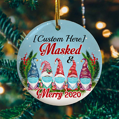 Alternative view of Personalized 5 Gnomes Family Masked And Merry 2020 Circle Christmas Tree Ornament Keepsake