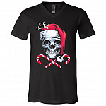 Skull Bah Humbug Funny Santa Christmas T-Shirt - V Neck, Black, V-Neck T-Shirt