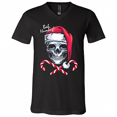 Skull Bah Humbug Funny Santa Christmas T-Shirt - V Neck, Black, V-Neck T-Shirt