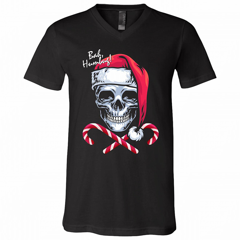 Skull Bah Humbug Funny Santa Christmas T-Shirt - V Neck, Black, V-Neck T-Shirt