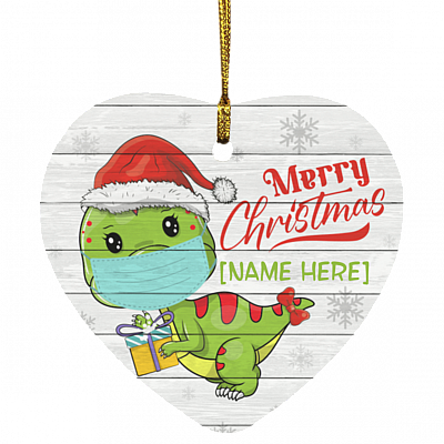 Personalized Cute Dinosaur Wearing Mask And Santa Hat Merry Christmas Heart Christmas Tree Ornament Keepsake, White, SUBORNH Heart Ornament