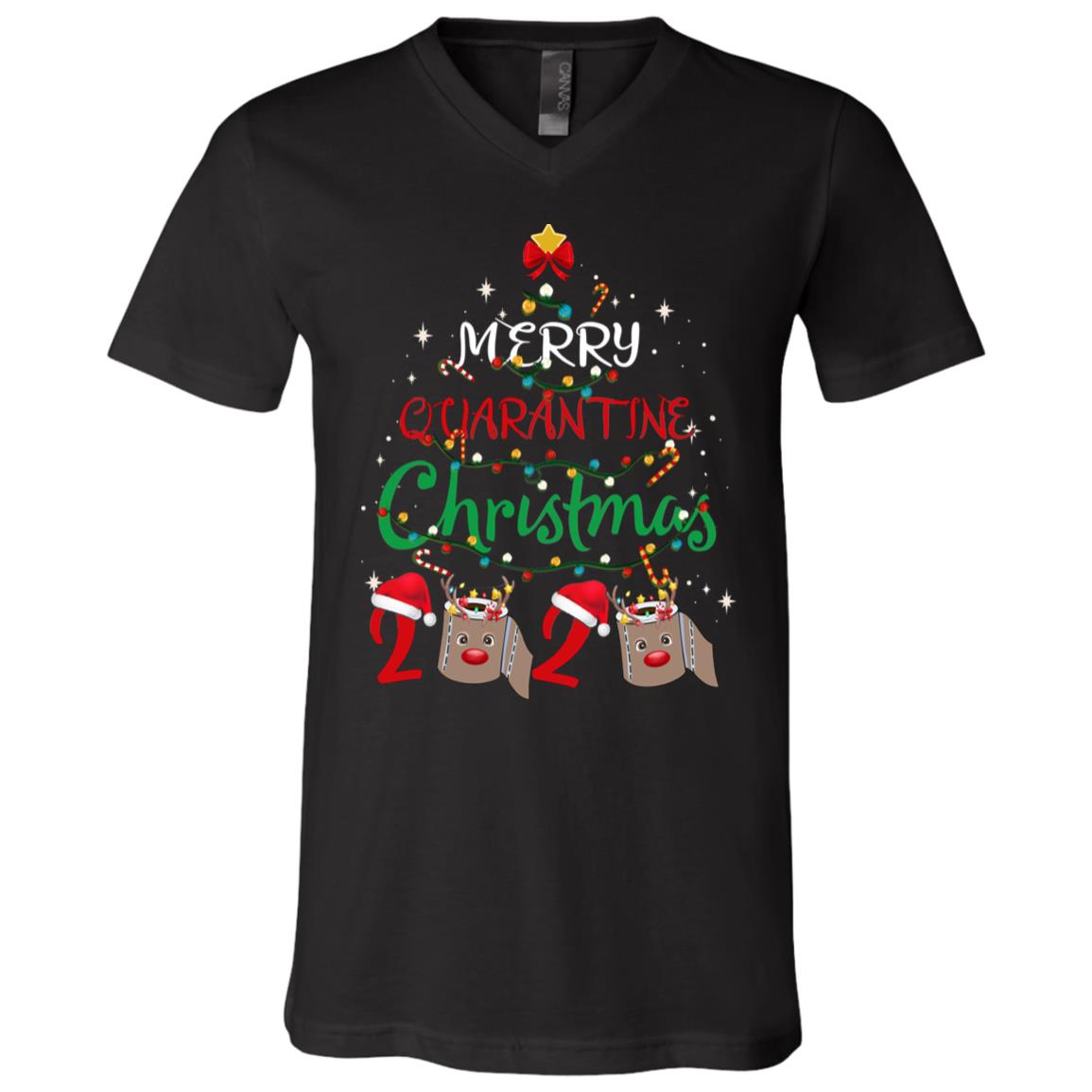 Merry Quarantine Christmas Funny Quarantined Holiday T-Shirt - V-Neck Shirt, Black, V-Neck T-Shirt