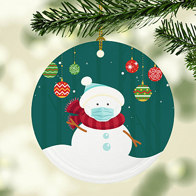 Alternative view of Snowman Wearing A Face Mask Decorative Christmas Ornament - Holiday Flat Circle Ornament