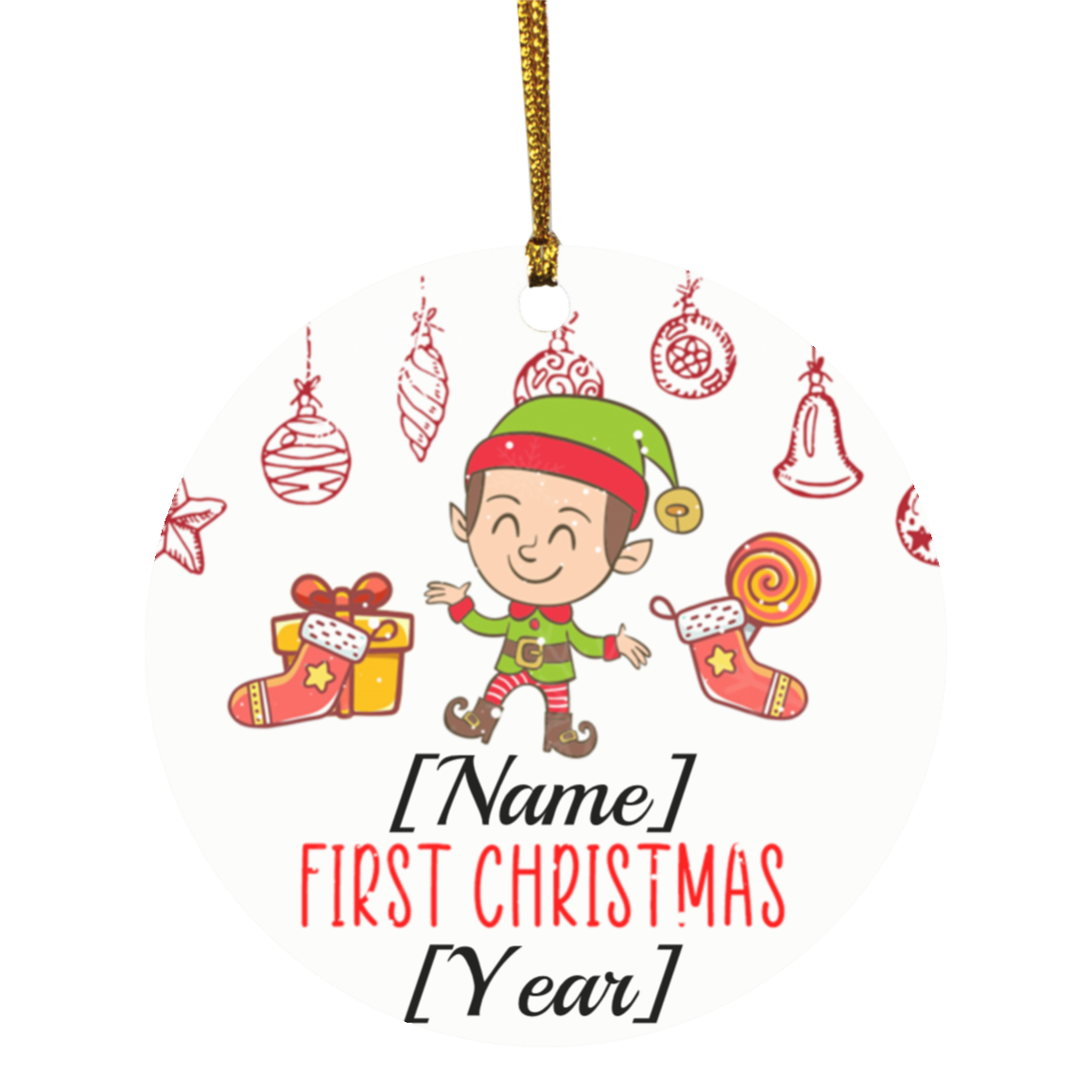 Personalized Baby Boy ELF First Christmas 2020 Decorative Christmas Ornament - Holiday Flat Circle Ornament, White, Circle Ornament Personalized Baby Boy ELF First Christmas 2020 Decorative Christmas Ornament - Holiday Flat Circle Ornament, White, Circle Ornament