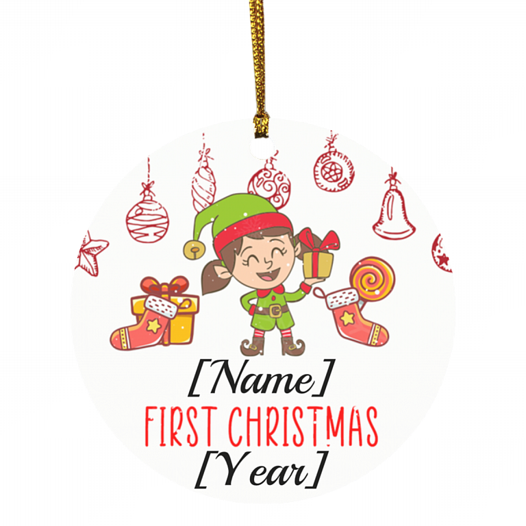 Personalized Baby Girl ELF First Christmas 2020 Decorative Christmas Ornament - Holiday Flat Circle Ornament, White, Circle Ornament
