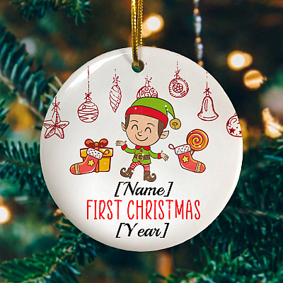Alternative view of Personalized Baby Boy ELF First Christmas 2020 Decorative Christmas Ornament - Holiday Flat Circle Ornament