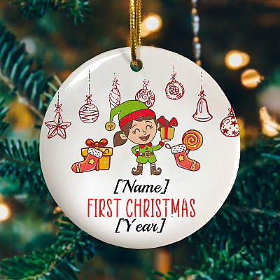 Alternative view of Personalized Baby Girl ELF First Christmas 2020 Decorative Christmas Ornament - Holiday Flat Circle Ornament