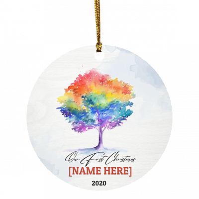 Personalized Our First Christmas Married Rainbow Tree 2020 Circle Ornament - Newlywed Holiday Keepsake, White, Circle Ornament