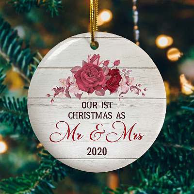 Alternative view of First Christmas Married Mr and Mrs Decorative Christmas Ornament - Holiday Flat Circle Ornament