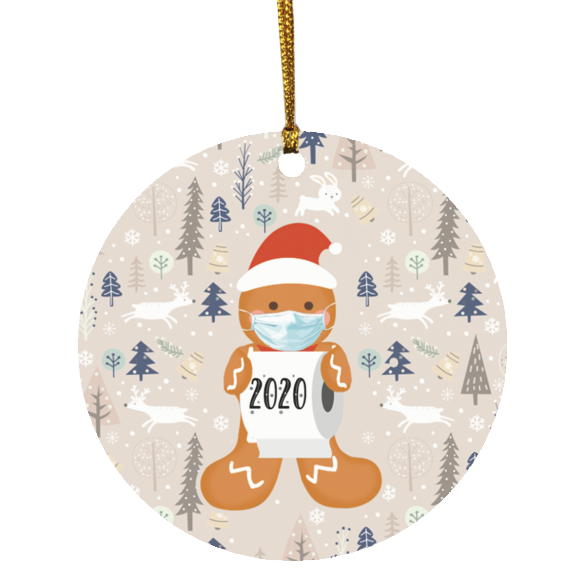 Gingerbread Wearing A Mask Decorative Christmas Ornament - 2020 Pandemic Lockdown Holiday Ornament, White, Circle Ornament Gingerbread Wearing A Mask Decorative Christmas Ornament - 2020 Pandemic Lockdown Holiday Ornament, White, Circle Ornament