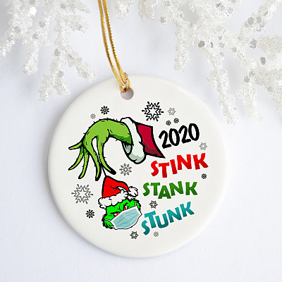 Alternative view of 2020 Stink Stank Stunk Grnch Green Hand Funny Quarantine Christmas Circle Ornament - Holiday Decoration
