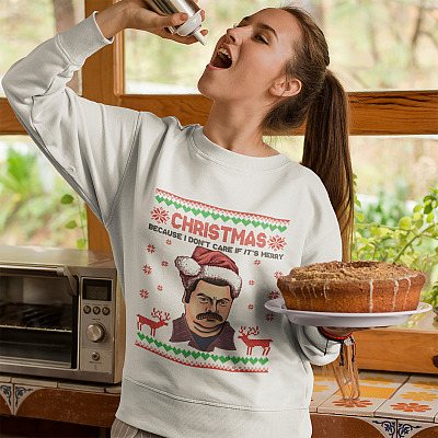 Alternative view of Ron Swanson I Don't Care If It Merry Xmas Funny Parks and Recreation Christmas Ugly Christmas Long Sleeve
