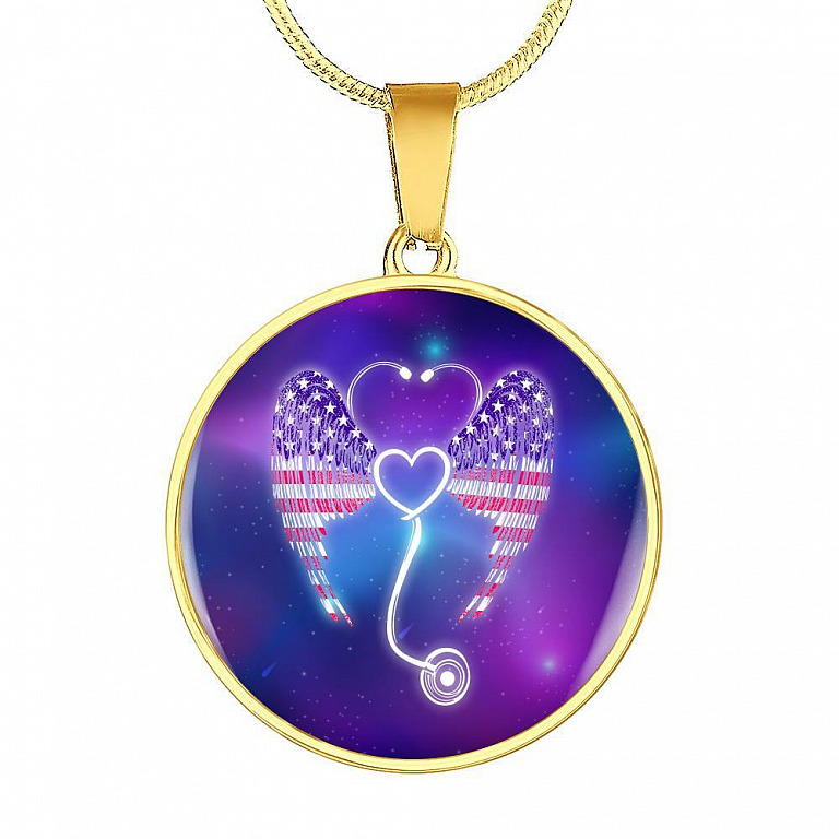 Nursing Stethoscope Wing Circle Pendant Necklace - Circle Luxury Necklace (Gold Plated)