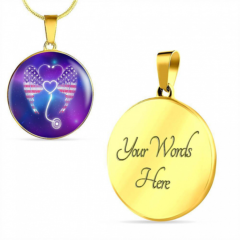 Nursing Stethoscope Wing Circle Pendant Necklace - Circle Luxury Necklace (Gold Plated)