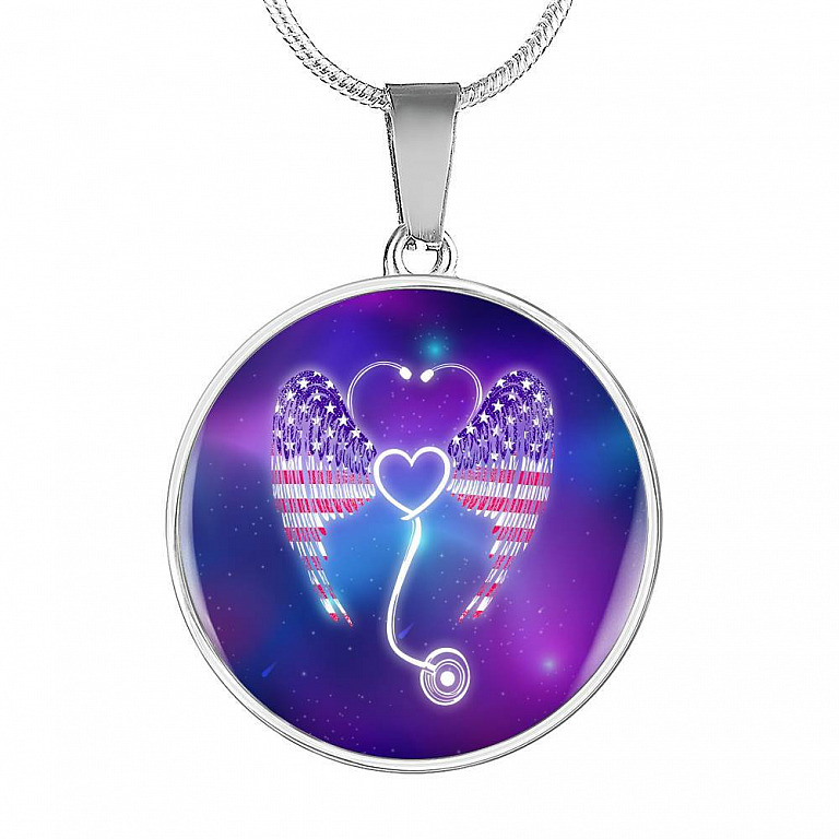 Nursing Stethoscope Wing Circle Pendant Necklace - Circle Luxury Necklace (Silver)