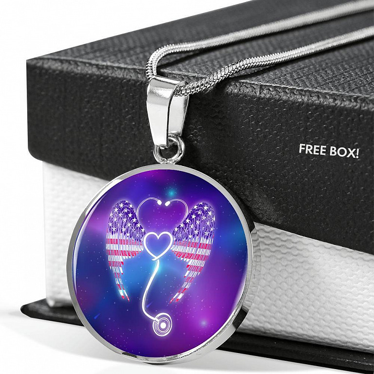Nursing Stethoscope Wing Circle Pendant Necklace - Circle Luxury Necklace (Silver)
