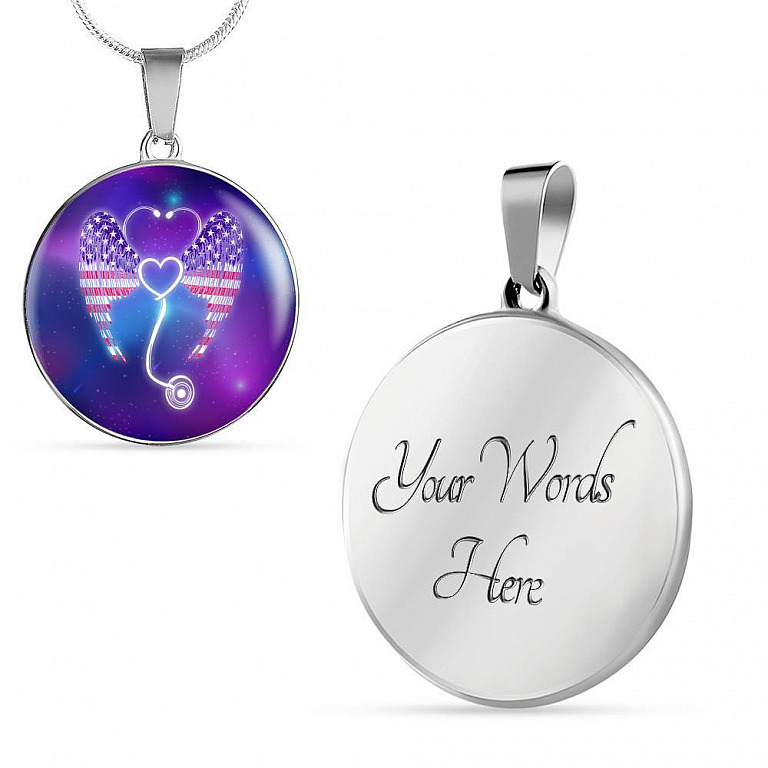 Nursing Stethoscope Wing Circle Pendant Necklace - Circle Luxury Necklace (Silver)