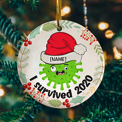 Alternative view of Personalized Funny Virus Survived 2020 Christmas Flat Circle Ornament Keepsake