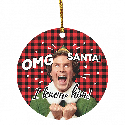 OMG Santa I Know Him Buffalo Plaid Decorative Christmas Ornament - Holiday Flat Circle Ornament - Holiday Decoration Gift, White, Circle Ornament