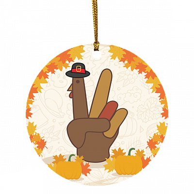 Funny Turkey Hand Sign Thanksgiving Autumn Pumpkin Decorative Christmas Ornament-Holiday Flat Circle Ornament, White, Circle Ornament