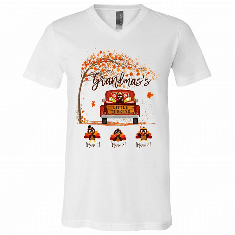 Personalized Grandma's Little Turkey Funny Thanksgiving Turkey Gift for Nana T-Shirt - V Neck, White, V-Neck T-Shirt