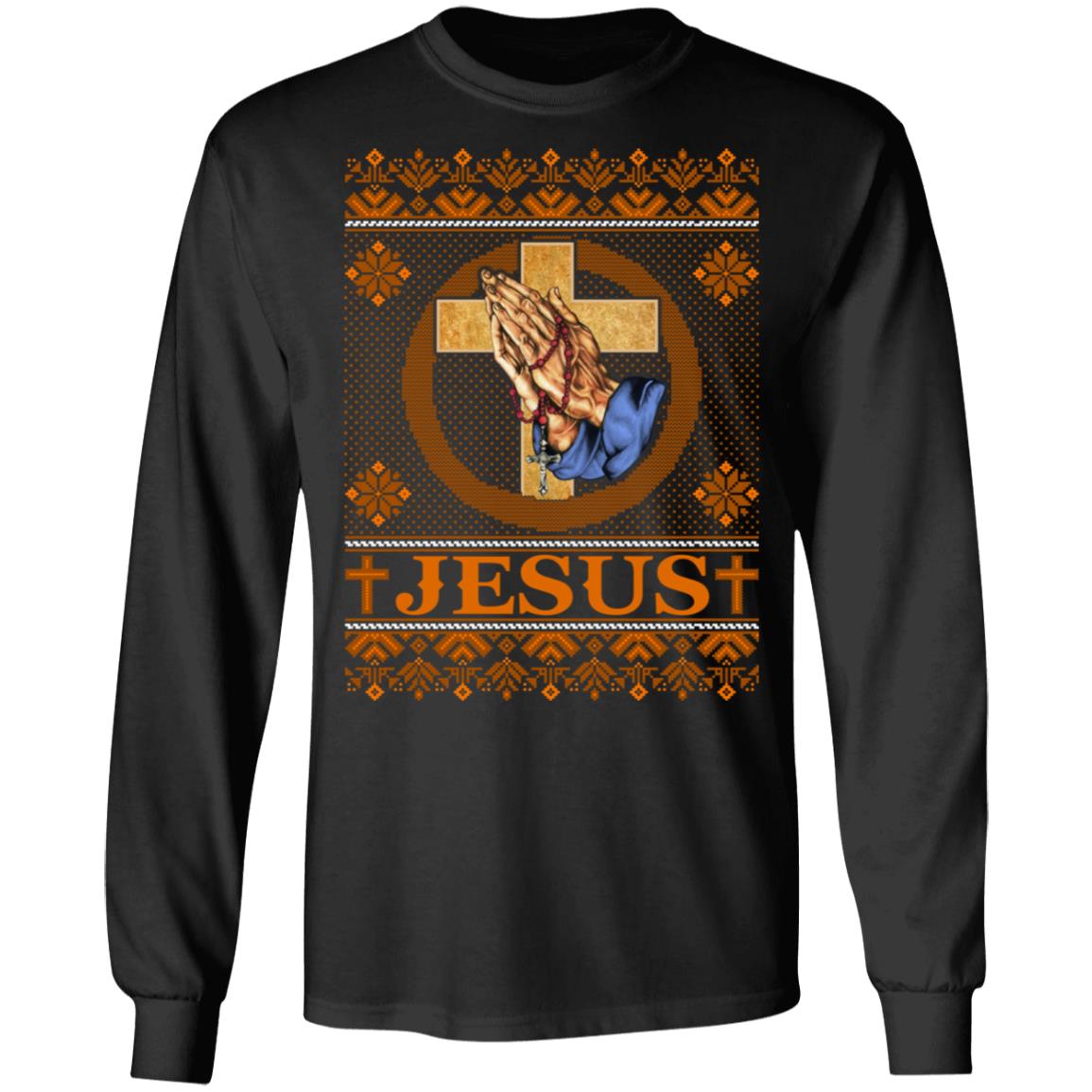 Praying Hands Jesus Christian Ugly Christmas Hoodie - Sweatshirt - Long Sleeve, Black, Long Sleeve