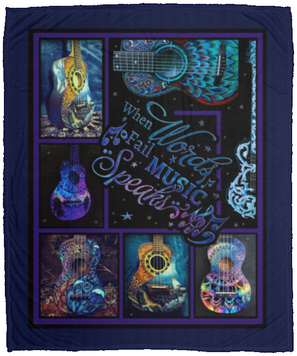 When Words Fail Music Speaks Guitar Fleece Blanket - Premium Sherpa Blanket - Woven Blanket, White, Cozy Plush Fleece Blanket - 50x60