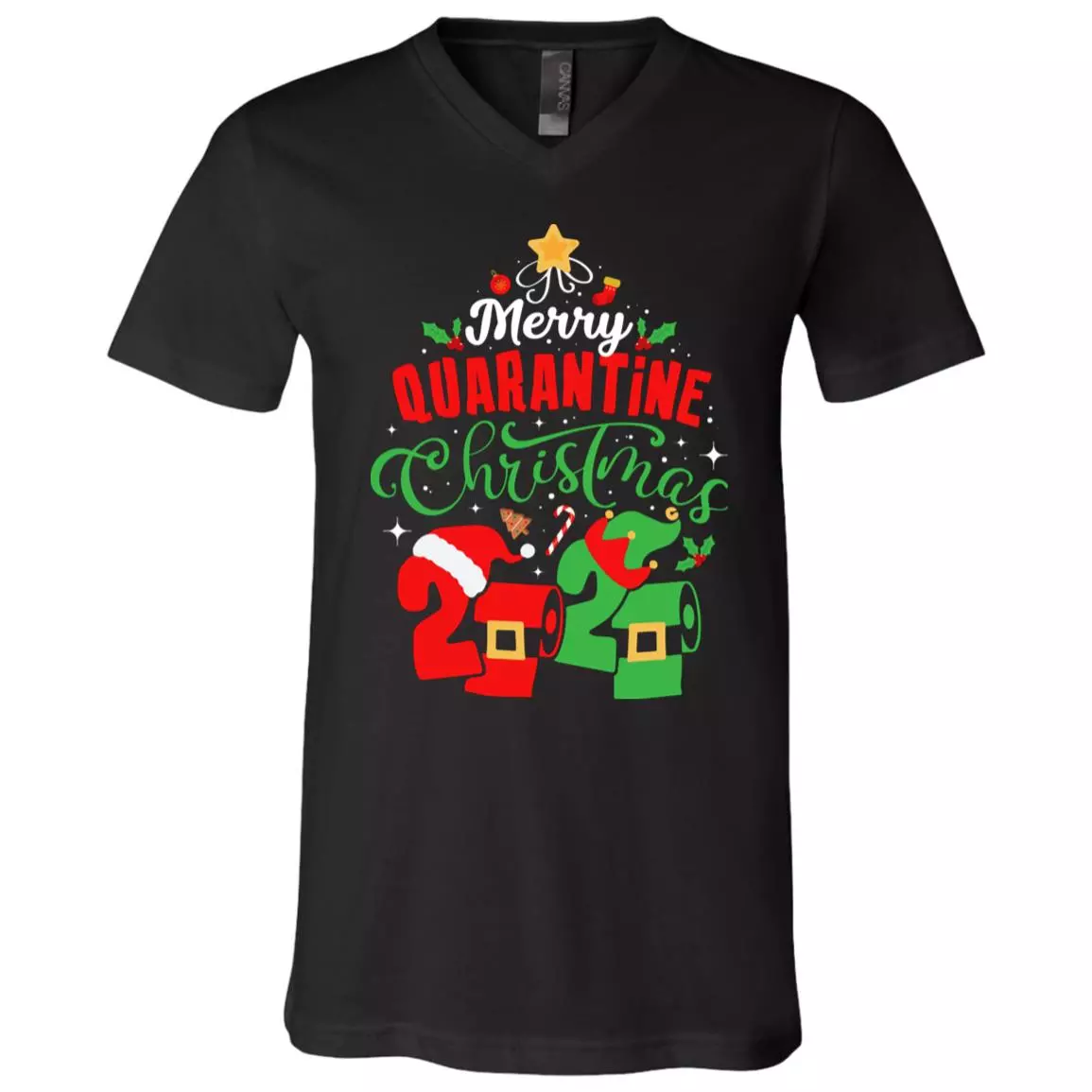 Merry Quarantine Christmas Funny Pandemic Christmas 2020 Family Matching Xmas T-shirt- V-neck, Black, V-Neck T-Shirt