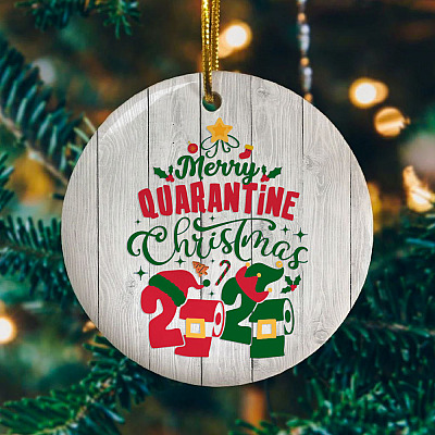 Alternative view of Merry Quarantine Christmas Funny Pandemic Christmas 2020 Xmas Holiday Flat Circle Ornament Keepsake