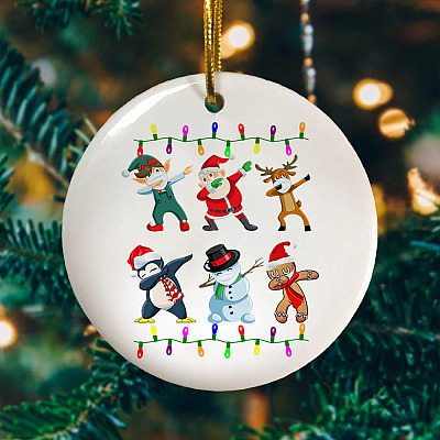 Alternative view of Dabbing Santa Elf Buddy With Friends Funny Christmas Holiday Flat Circle Ornament Keepsake
