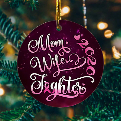 Alternative view of Mom Wife Fighter 2020 Decorative Christmas Ornament - Mom Wife Pink Ribbon Fighter Circle Ornament