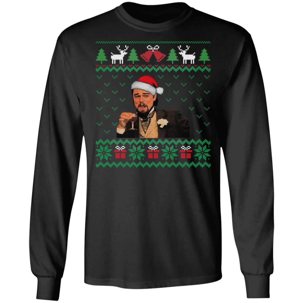 Santa Leonardo DiCaprio Wearing Santa Claus Hat Funny Ugly Christmas Hoodie - Sweatshirt - Long Sleeve Shirt, Black, Long Sleeve