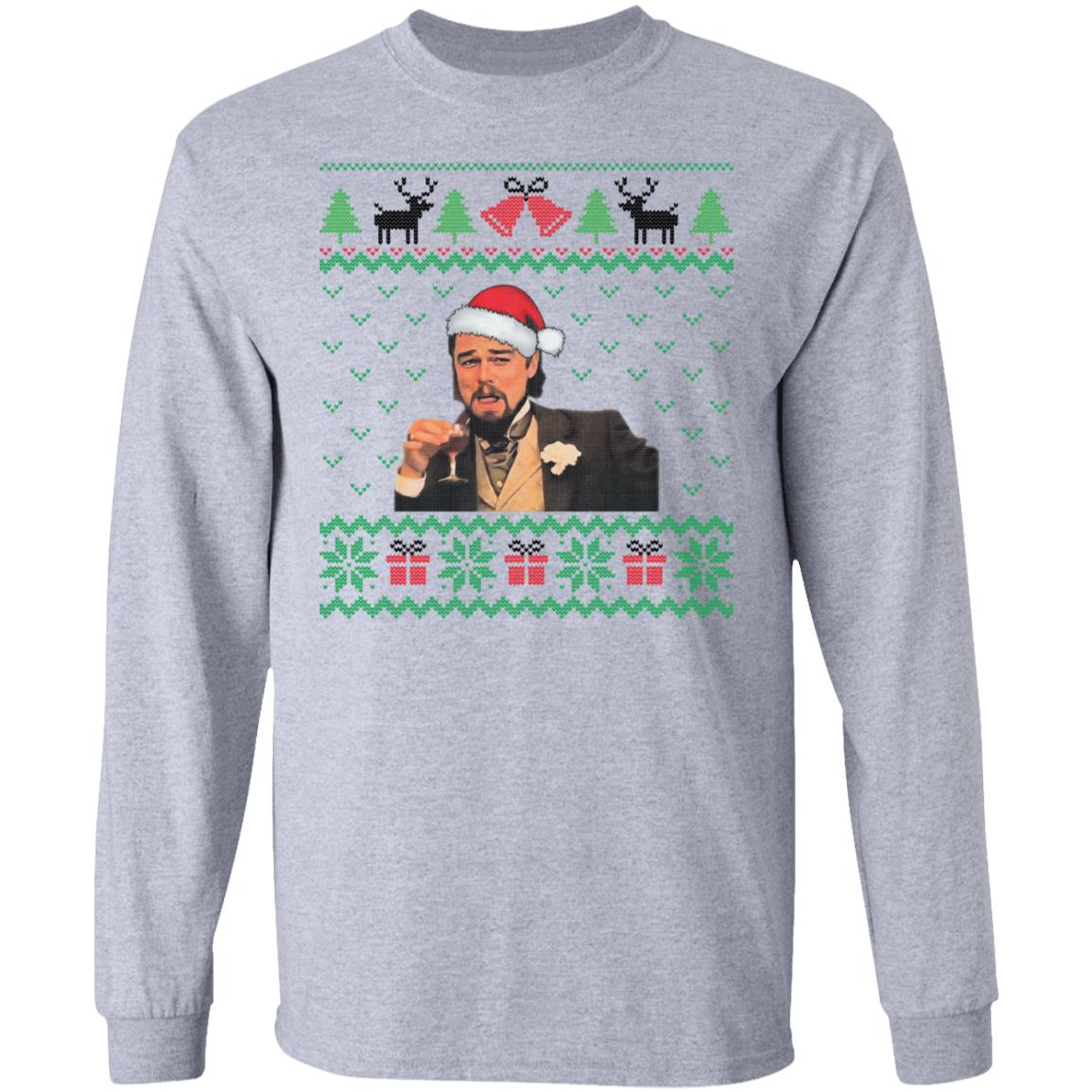 Leonardo DiCaprio Wearing Santa Claus Hat Funny Ugly Christmas Hoodie - Sweatshirt - Long Sleeve Shirt, Sport Grey, Long Sleeve