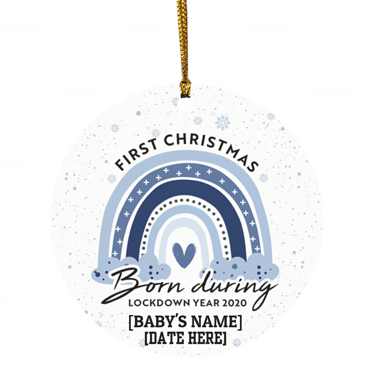 Personalized First Christmas Born During Lockdown Year 2020 Rainbow Circle Christmas Tree Ornament Keepsake, White, Circle Ornament