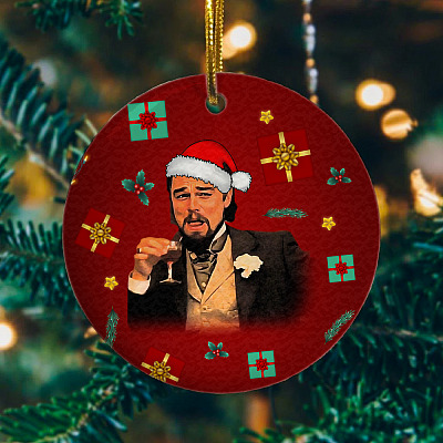 Alternative view of Leonardo DiCaprio Wearing Santa Hat Funny Circle Christmas Ornament Keepsake - Funny Holiday Flat Ornament