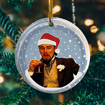 Alternative view of Leo Laughing Meme Funny Decorative Christmas Ornament Keepsake - Holiday Flat Circle Ornament