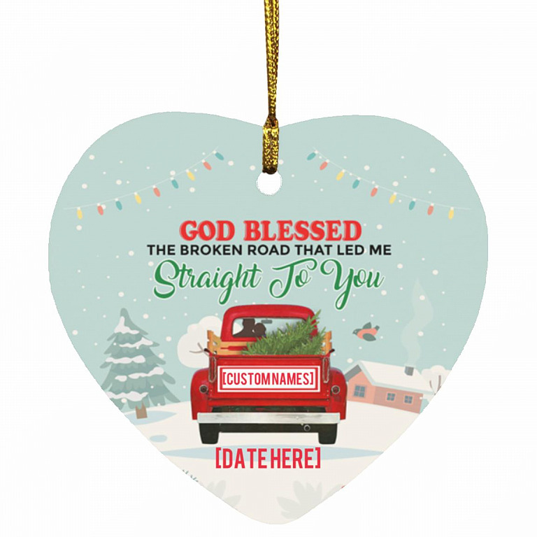 Personalized God Bless the Broken Road, White, Heart Ornament