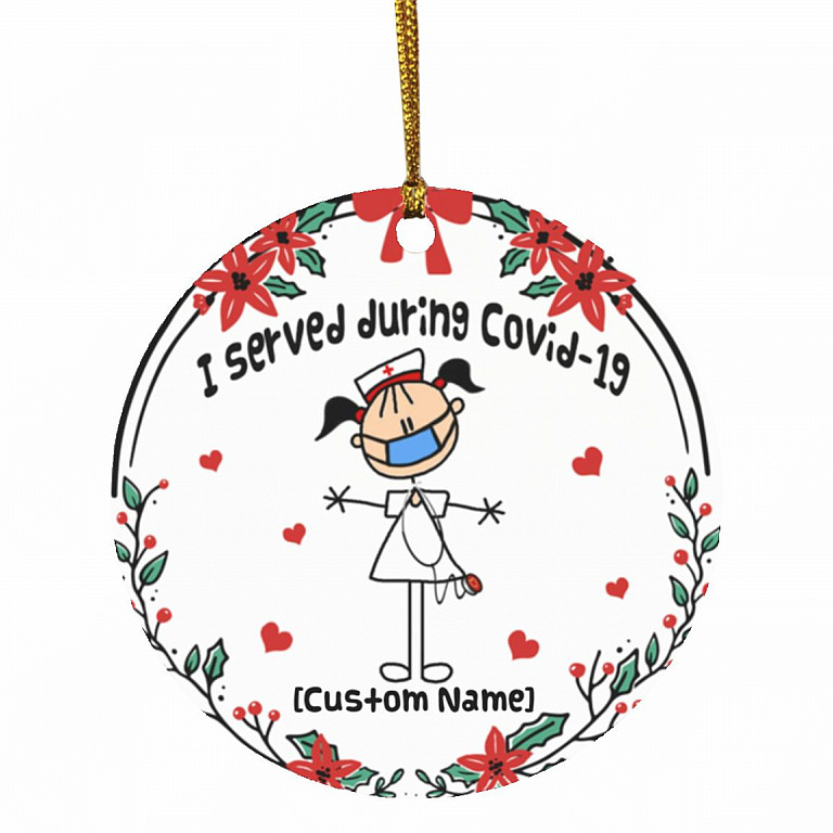 Personalized I Served During Covid 19, White, Circle Ornament