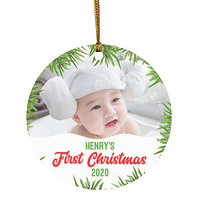 Personalized Photo Baby's First Christmas Image, White, Circle Ornament