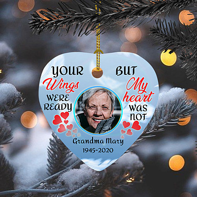 Alternative view of Personalized Photo Your Wings Were Ready But My Heart Was Not Custom Memorial Flat Heart Ornament