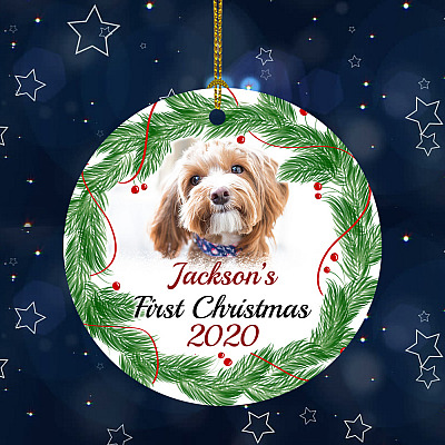 Alternative view of Personalized Photo Pet's First Christmas Holiday Circle Ornament Keepsake