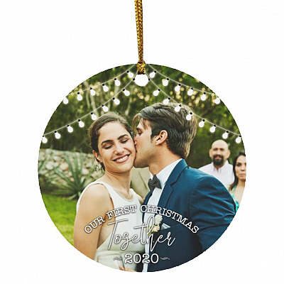 Personalized Photo Our First Christmas, White, Circle Ornament