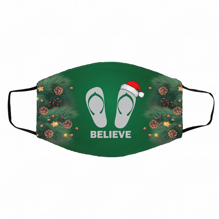 Flip-flop Christmas Believe Santa, White, Cloth Face Cover – Medium/Large