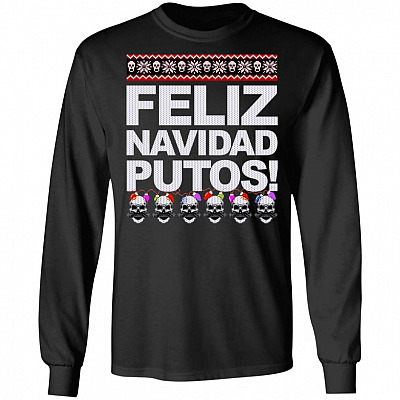 Feliz Navidad Putos Ugly Christmas Sweater, Black, Long Sleeve