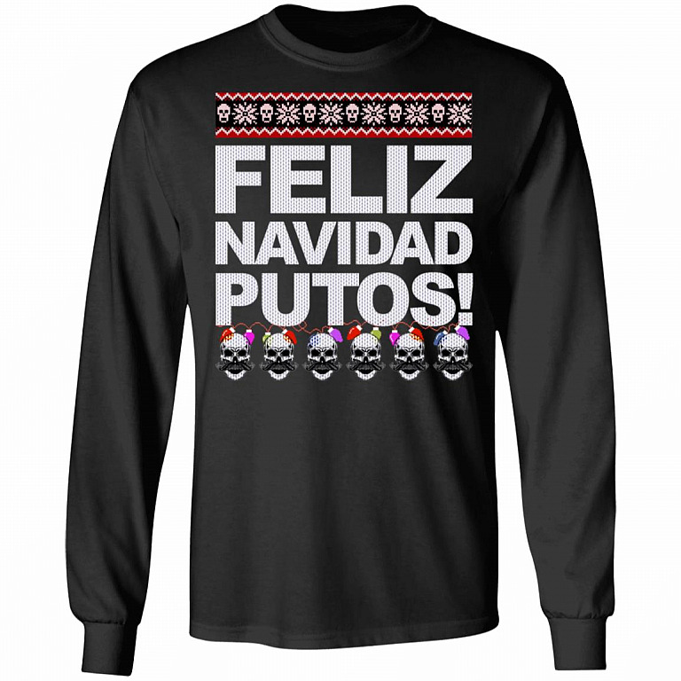 Feliz Navidad Putos Ugly Christmas Sweater, Black, Long Sleeve